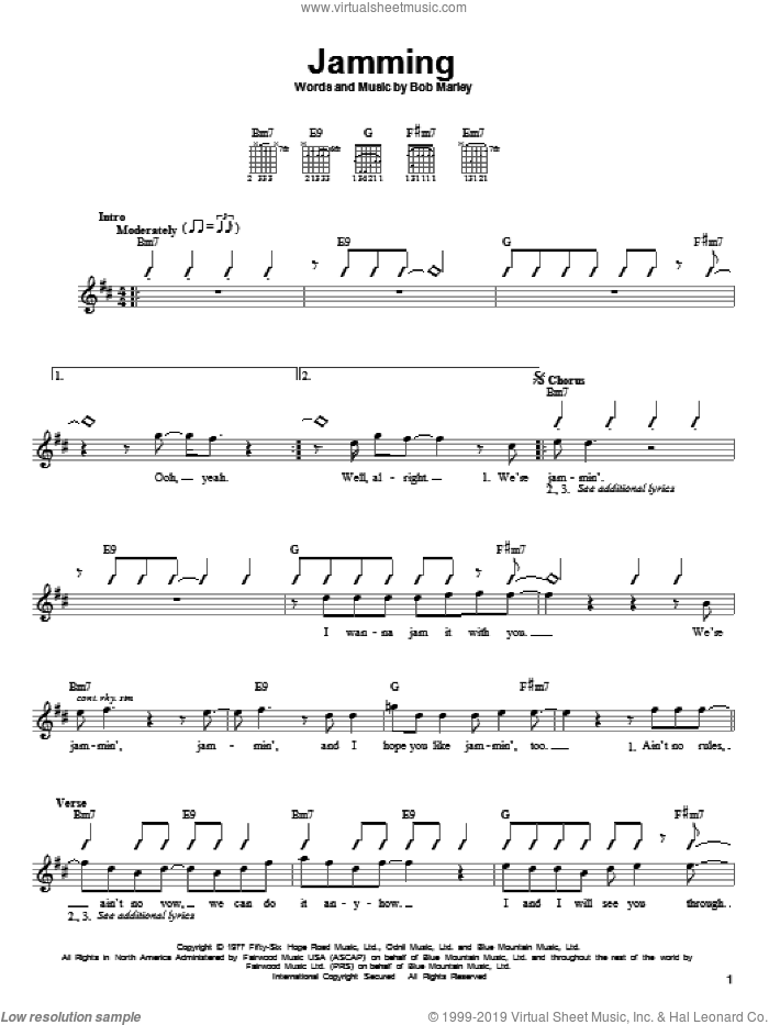 Jamming sheet music for guitar solo (chords) by Bob Marley, easy guitar (chords)