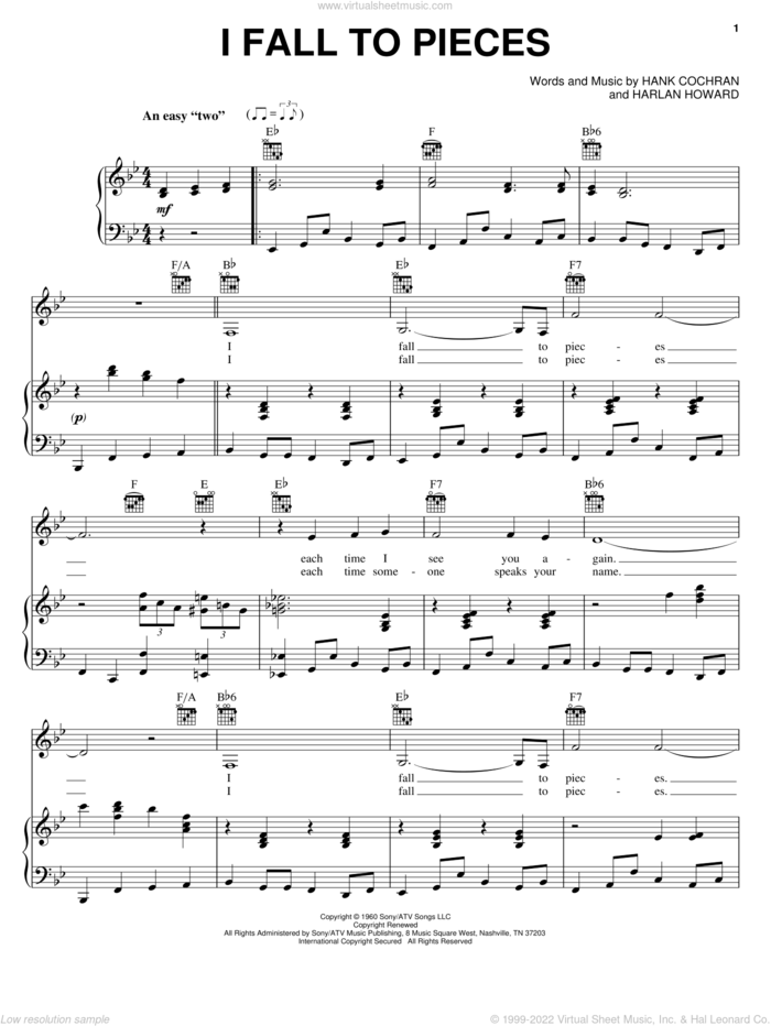 I Fall To Pieces sheet music for voice, piano or guitar by Aaron Neville, Patsy Cline, Hank Cochran and Harlan Howard, intermediate skill level