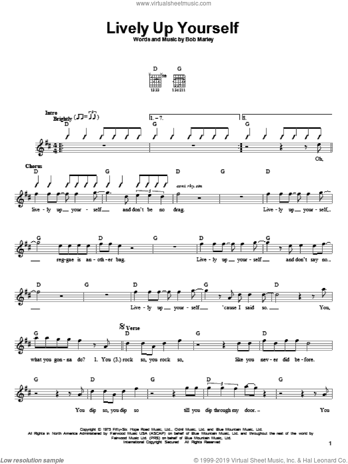 Lively Up Yourself sheet music for guitar solo (chords) by Bob Marley, easy guitar (chords)