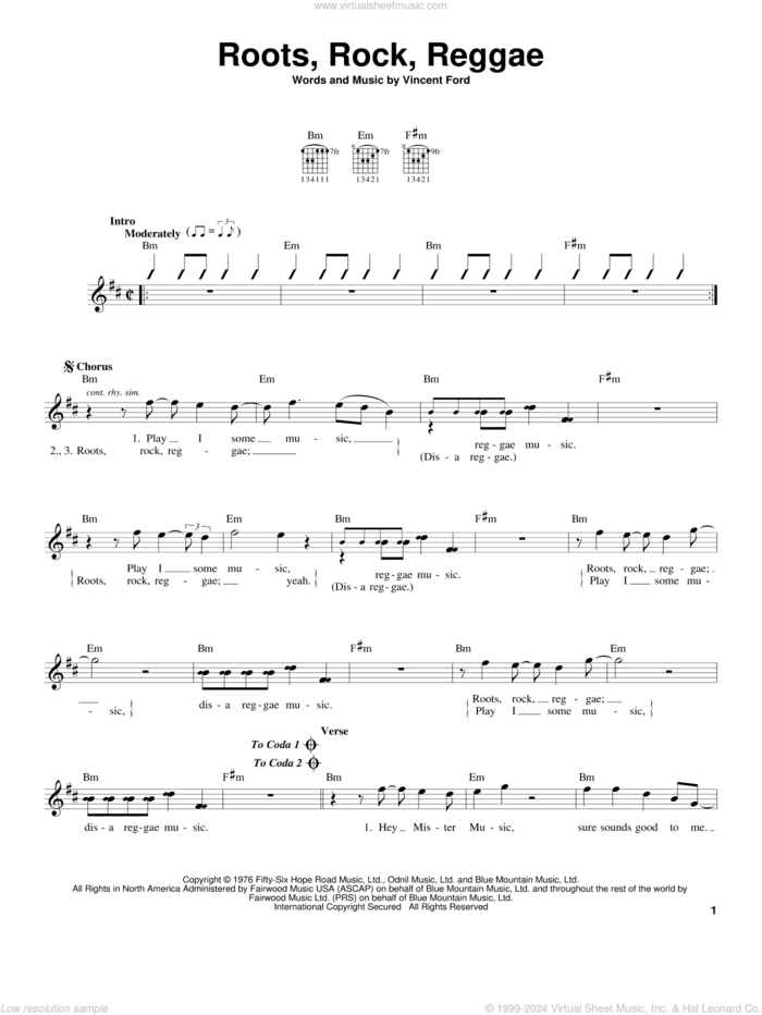 Roots, Rock, Reggae sheet music for guitar solo (chords) by Bob Marley and Vincent Ford, easy guitar (chords)