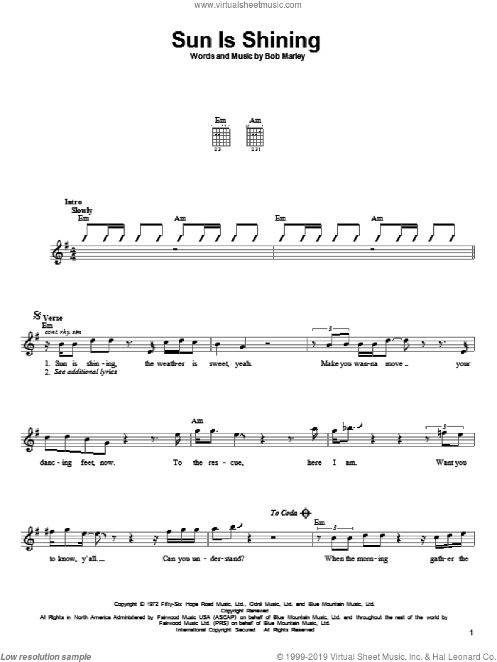 Sun Is Shining sheet music for guitar solo (chords) by Bob Marley, easy guitar (chords)