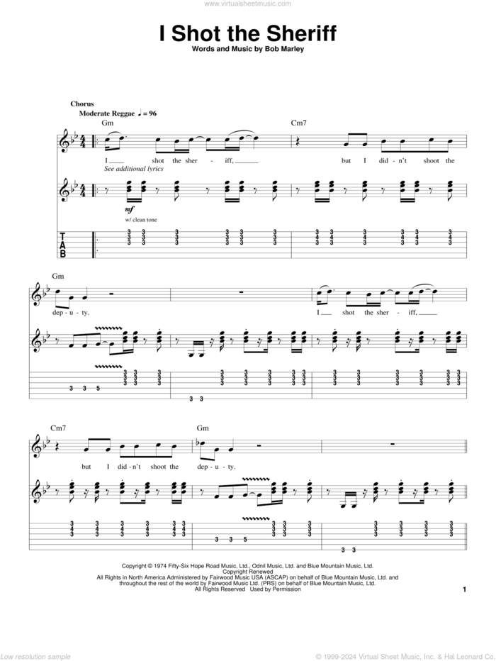 I Shot The Sheriff sheet music for guitar (tablature, play-along) by Eric Clapton, Warren G and Bob Marley, intermediate skill level