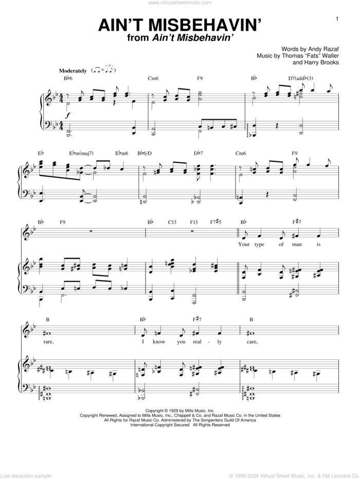 Ain't Misbehavin' sheet music for voice and piano by Andy Razaf, Louis Armstrong, Thomas Waller, Thomas Waller and Harry Brooks, intermediate skill level