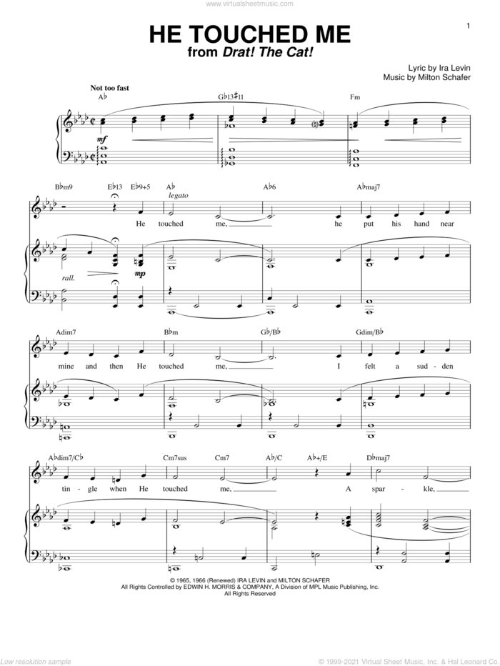 He Touched Me sheet music for voice and piano by Barbra Streisand, Esther Phillips, Ira Levin and Milton Schafer, intermediate skill level