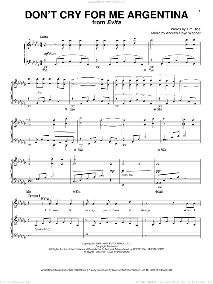 Don't Cry For Me Argentina sheet music for voice and piano by Andrew Lloyd Webber, Evita (Musical), Madonna and Tim Rice, intermediate skill level