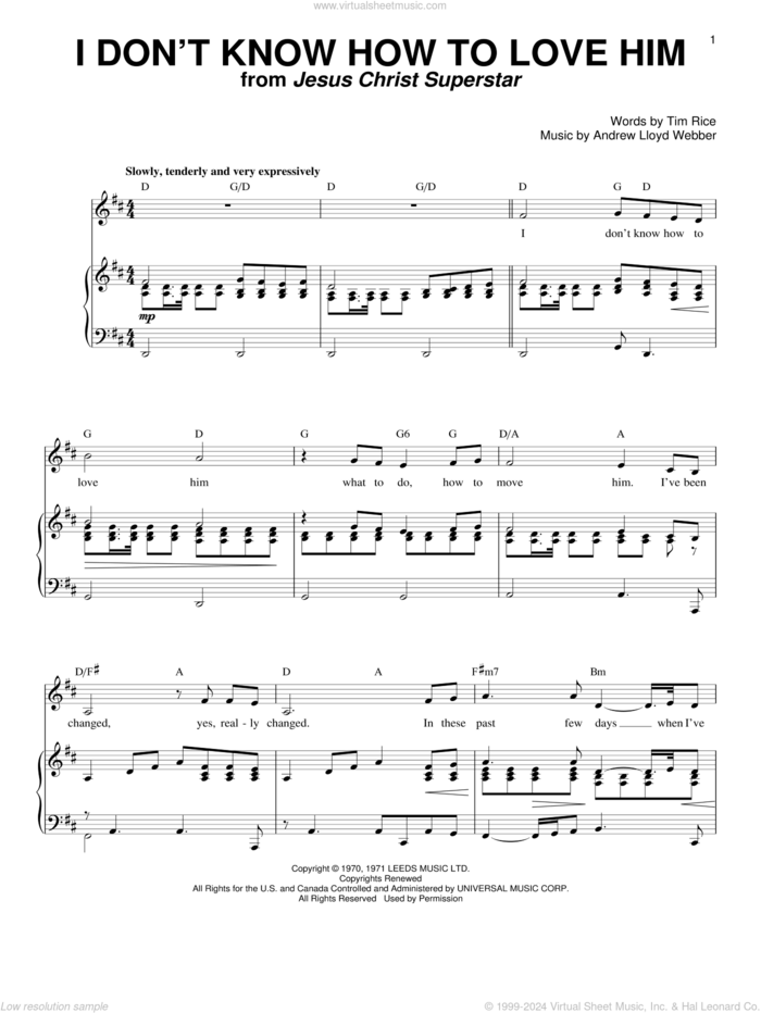 I Don't Know How To Love Him sheet music for voice and piano by Helen Reddy, Jesus Christ Superstar (Musical), Shirley Bassey, Yvonne Elliman, Andrew Lloyd Webber and Tim Rice, intermediate skill level