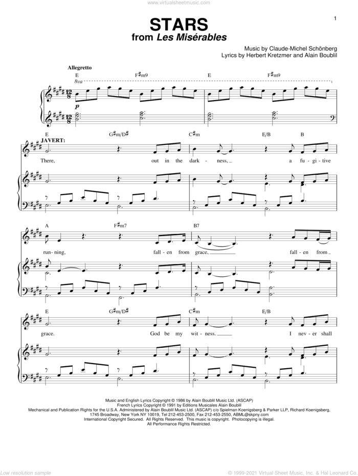 Stars sheet music for voice and piano by Boublil and Schonberg, Les Miserables (Musical), Alain Boublil, Claude-Michel Schonberg and Herbert Kretzmer, intermediate skill level