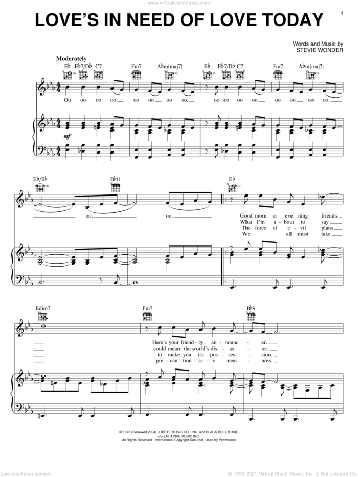 Love's In Need Of Love Today sheet music for voice, piano or guitar by Stevie Wonder and Joan Osborne, intermediate skill level
