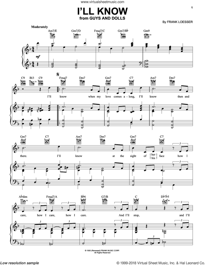 I'll Know sheet music for voice, piano or guitar by Frank Loesser and Guys And Dolls (Musical), intermediate skill level