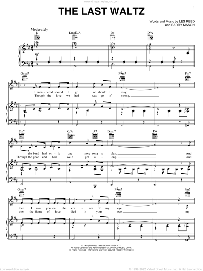 The Last Waltz sheet music for voice, piano or guitar by Engelbert Humperdinck, Petula Clark, Barry Mason and Les Reed, wedding score, intermediate skill level
