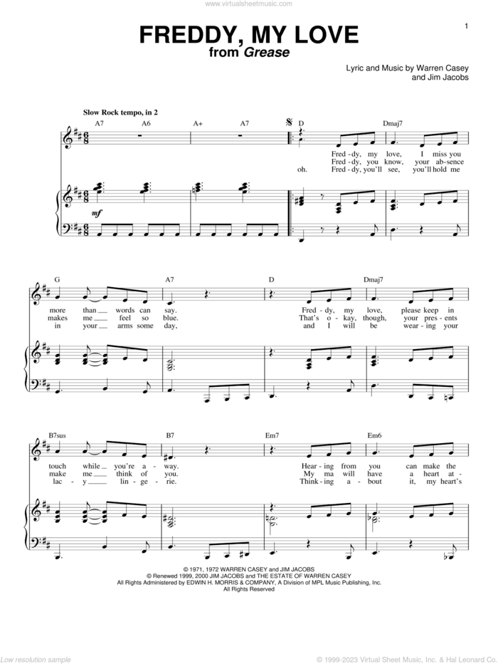 Freddy, My Love sheet music for voice and piano by Cindy Bullens, Grease (Musical), Jim Jacobs and Warren Casey, intermediate skill level