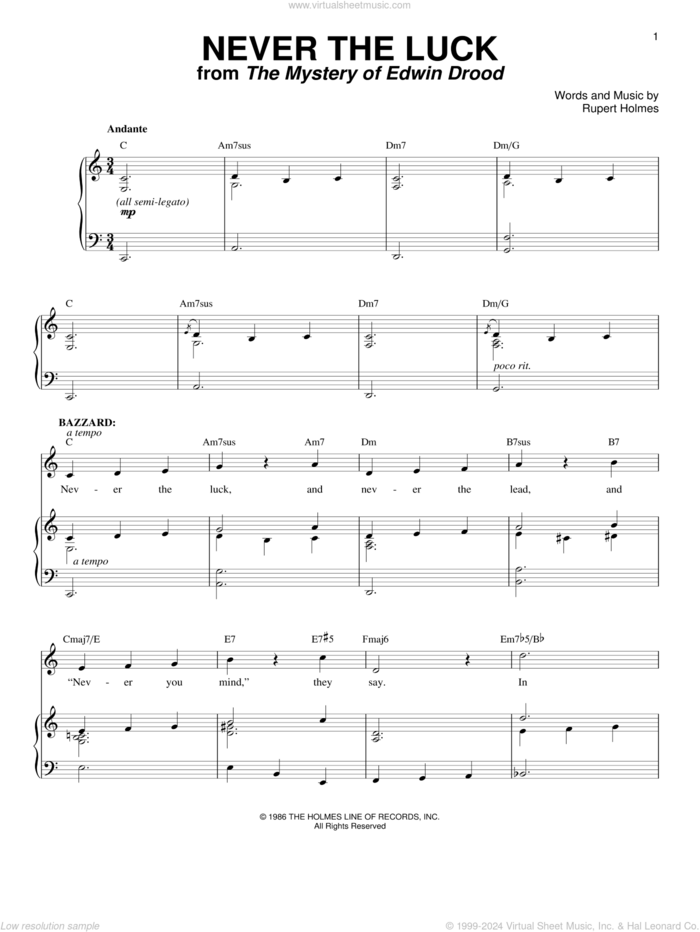 Never The Luck (from The Mystery of Edwin Drood) sheet music for voice and piano by Rupert Holmes, intermediate skill level