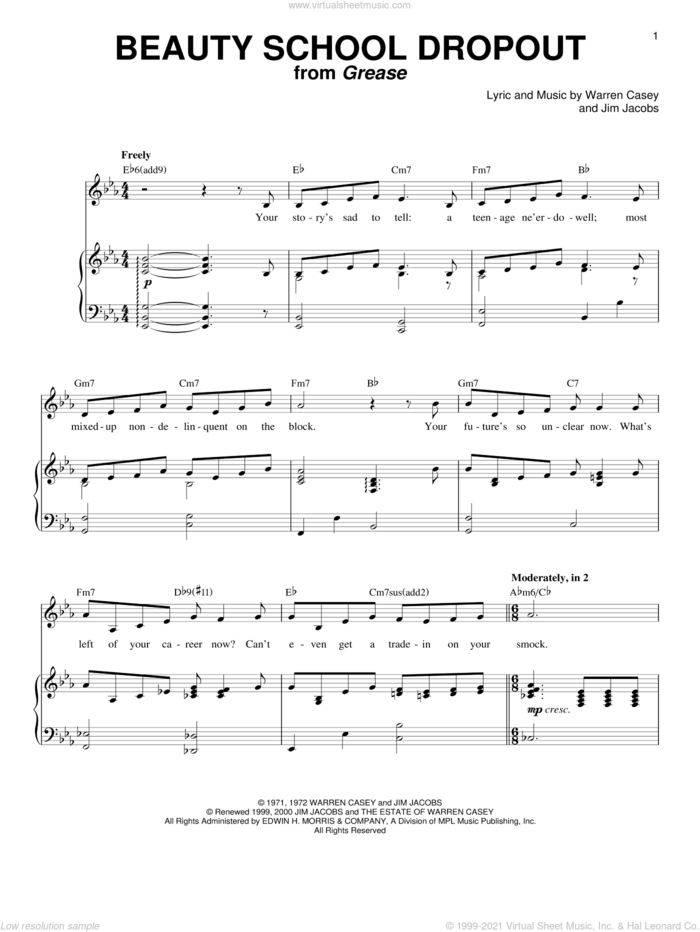 Beauty School Dropout (from Grease) sheet music for voice and piano by Frankie Avalon, Grease (Musical), Jim Jacobs and Warren Casey, intermediate skill level