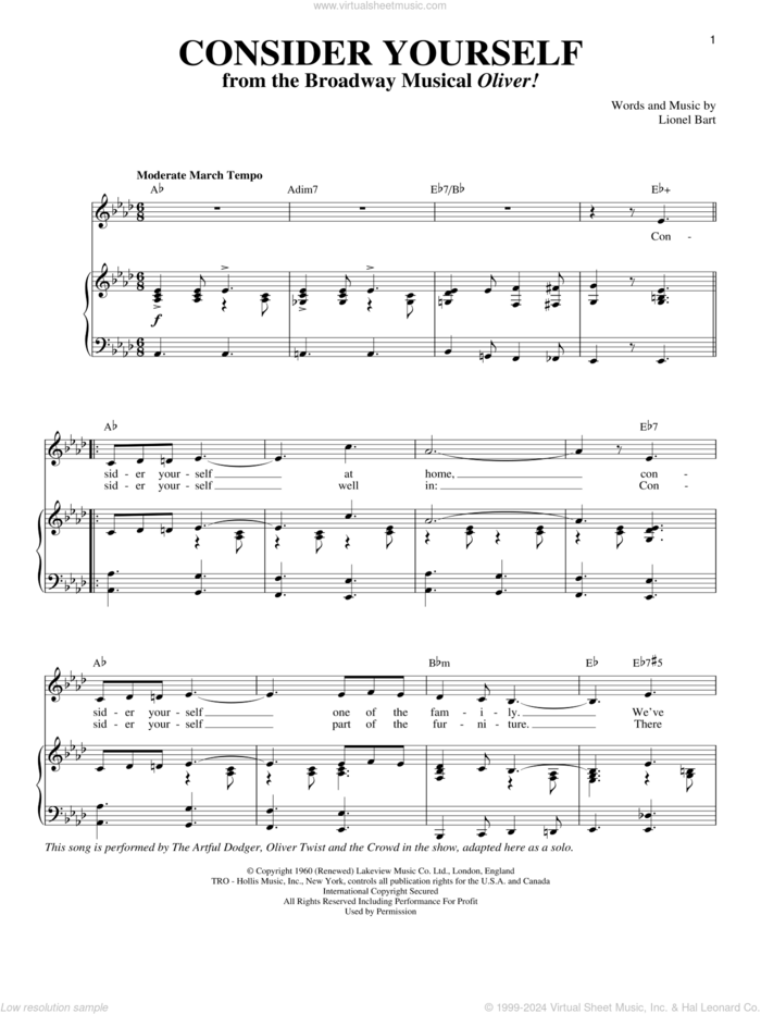 Consider Yourself sheet music for voice and piano by Michael Goodman, Judy Garland, Oliver!, Oliver! (Musical) and Lionel Bart, intermediate skill level