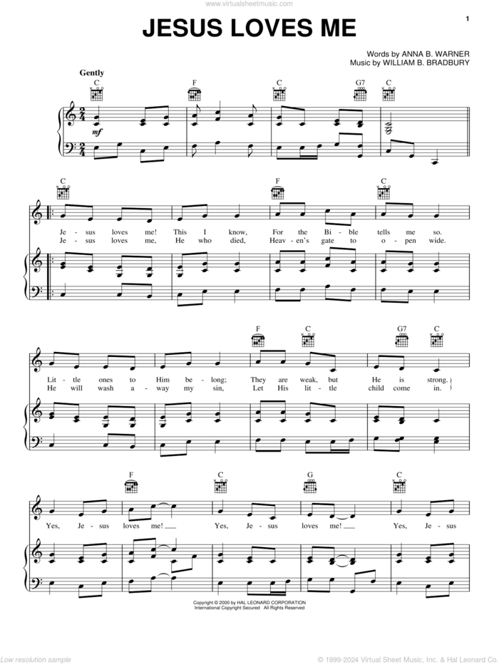 Jesus Loves Me sheet music for voice, piano or guitar by Anna B. Warner and William B. Bradbury, intermediate skill level