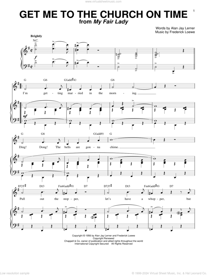 Get Me To The Church On Time sheet music for voice and piano by Lerner & Loewe, My Fair Lady (Musical), Alan Jay Lerner and Frederick Loewe, intermediate skill level
