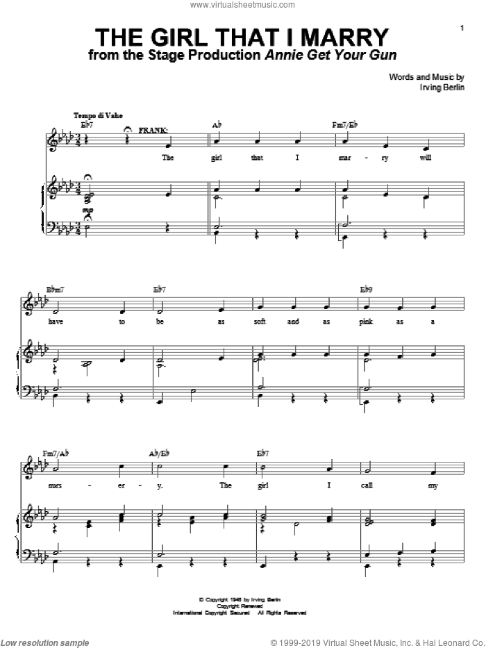 The Girl That I Marry sheet music for voice and piano by Irving Berlin and Annie Get Your Gun (Musical), intermediate skill level