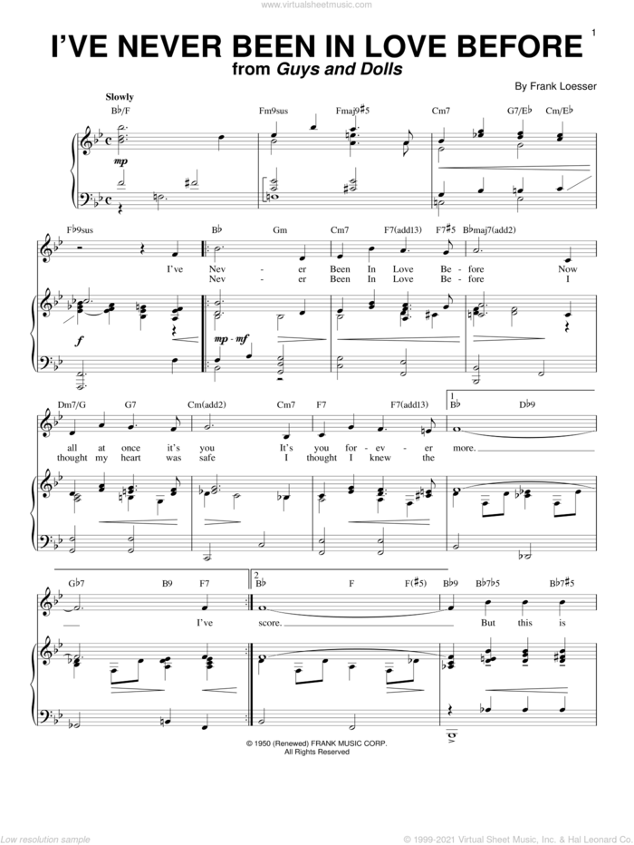 I've Never Been In Love Before sheet music for voice and piano by Frank Loesser and Guys And Dolls (Musical), wedding score, intermediate skill level