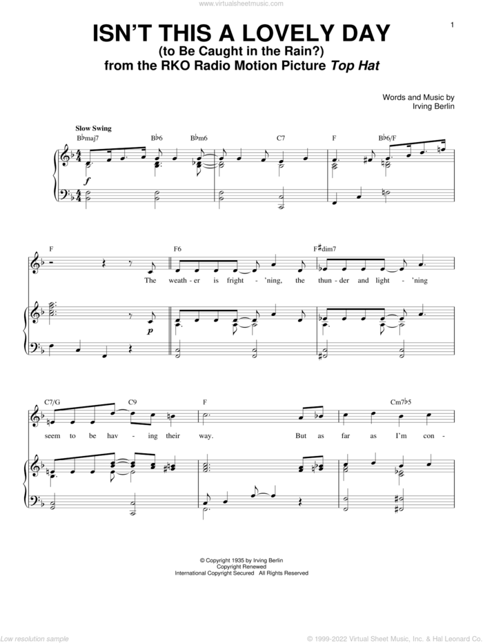 Isn't This A Lovely Day (To Be Caught In The Rain?) sheet music for voice and piano by Irving Berlin, intermediate skill level