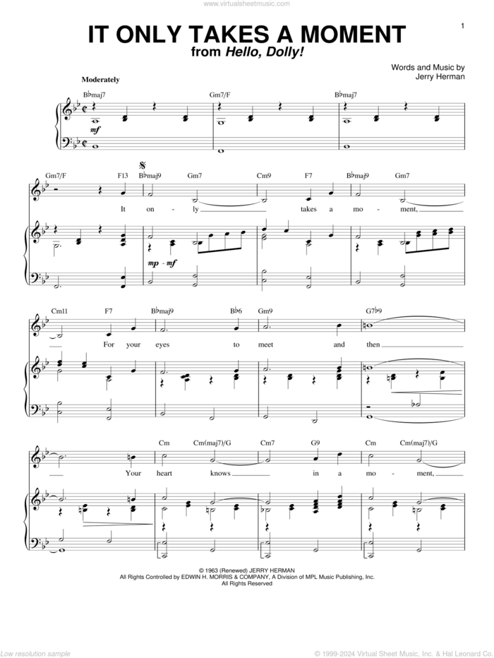 It Only Takes A Moment sheet music for voice and piano by Jerry Herman and Hello, Dolly! (Musical), intermediate skill level