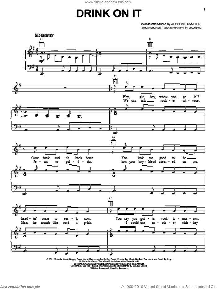 Drink On It sheet music for voice, piano or guitar by Blake Shelton, Jessi Alexander, Jon Randall and Rodney Clawson, intermediate skill level