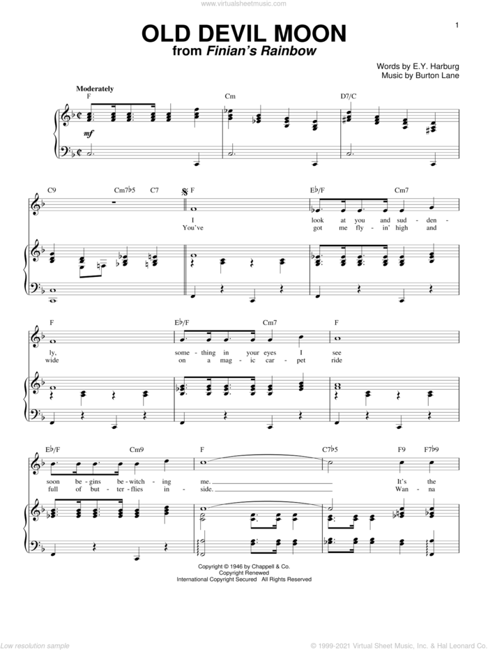 Old Devil Moon sheet music for voice and piano by E.Y. Harburg and Burton Lane, intermediate skill level