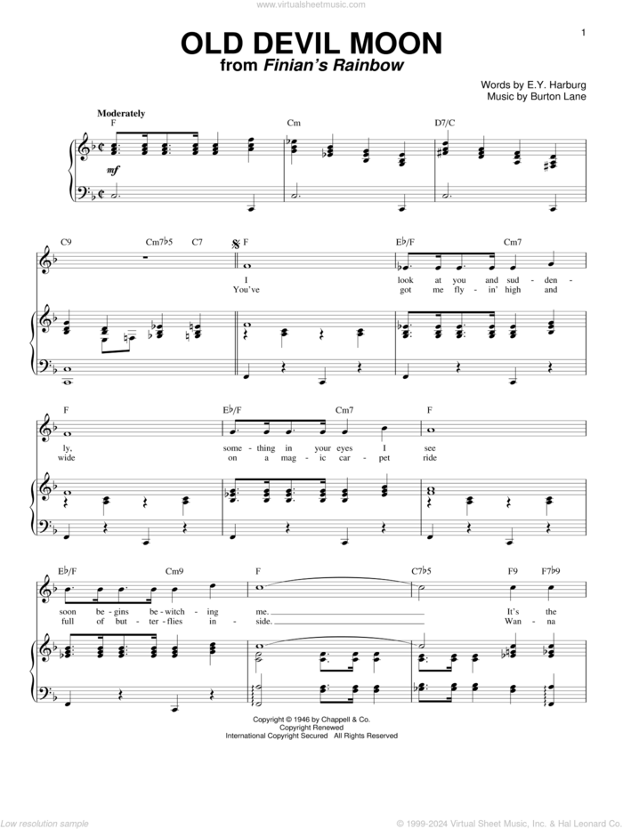 Old Devil Moon sheet music for voice and piano by E.Y. Harburg and Burton Lane, intermediate skill level