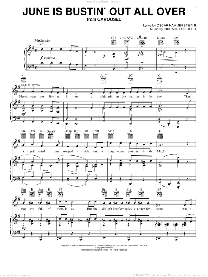June Is Bustin' Out All Over sheet music for voice, piano or guitar by Rodgers & Hammerstein, Carousel (Musical), Oscar II Hammerstein and Richard Rodgers, intermediate skill level