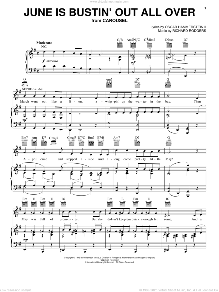 June Is Bustin' Out All Over sheet music for voice, piano or guitar by Rodgers & Hammerstein, Carousel (Musical), Oscar II Hammerstein and Richard Rodgers, intermediate skill level