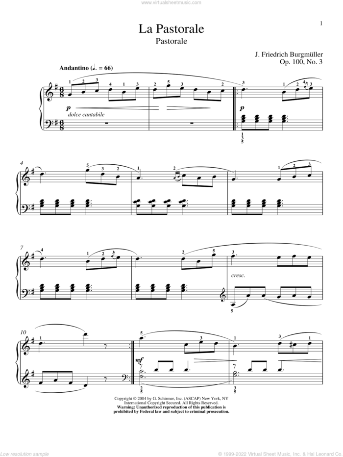 Pastorale, Op. 100, No. 3 sheet music for piano solo by Friedrich Johann Franz Burgmuller, classical score, intermediate skill level
