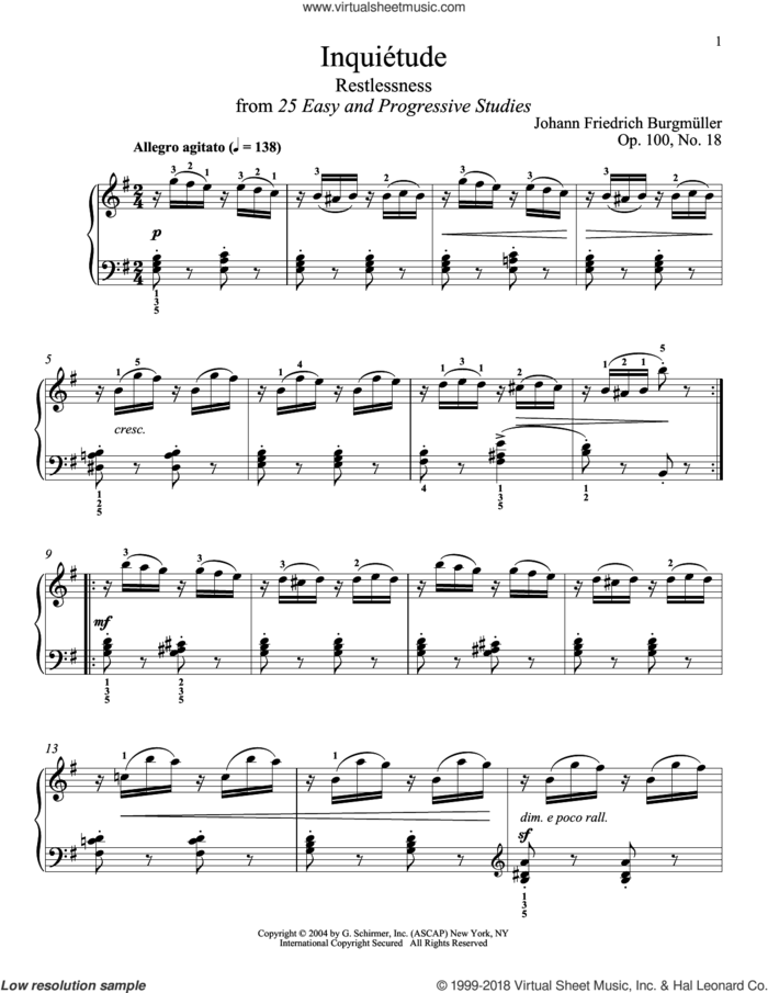 Inquietude, Op. 100, No. 18 sheet music for piano solo by Friedrich Johann Franz Burgmuller, classical score, intermediate skill level