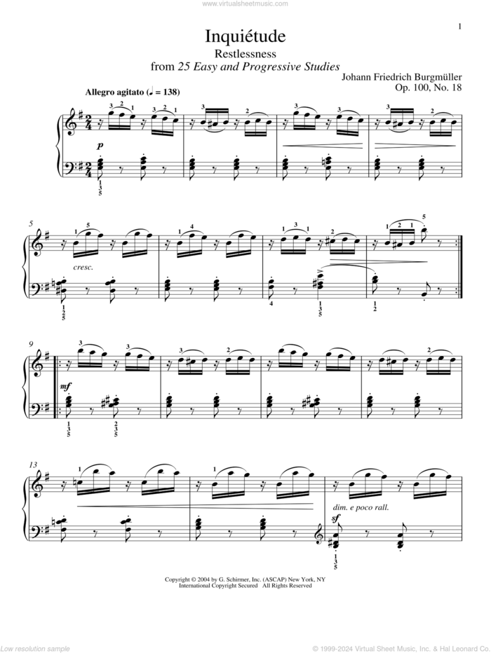 Inquietude, Op. 100, No. 18 sheet music for piano solo by Friedrich Johann Franz Burgmuller, classical score, intermediate skill level