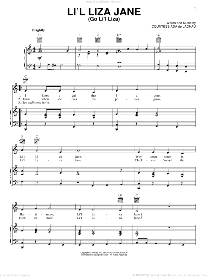 Li'l Liza Jane (Go Li'l Liza) sheet music for voice, piano or guitar by Countess Ada De Lachau, intermediate skill level