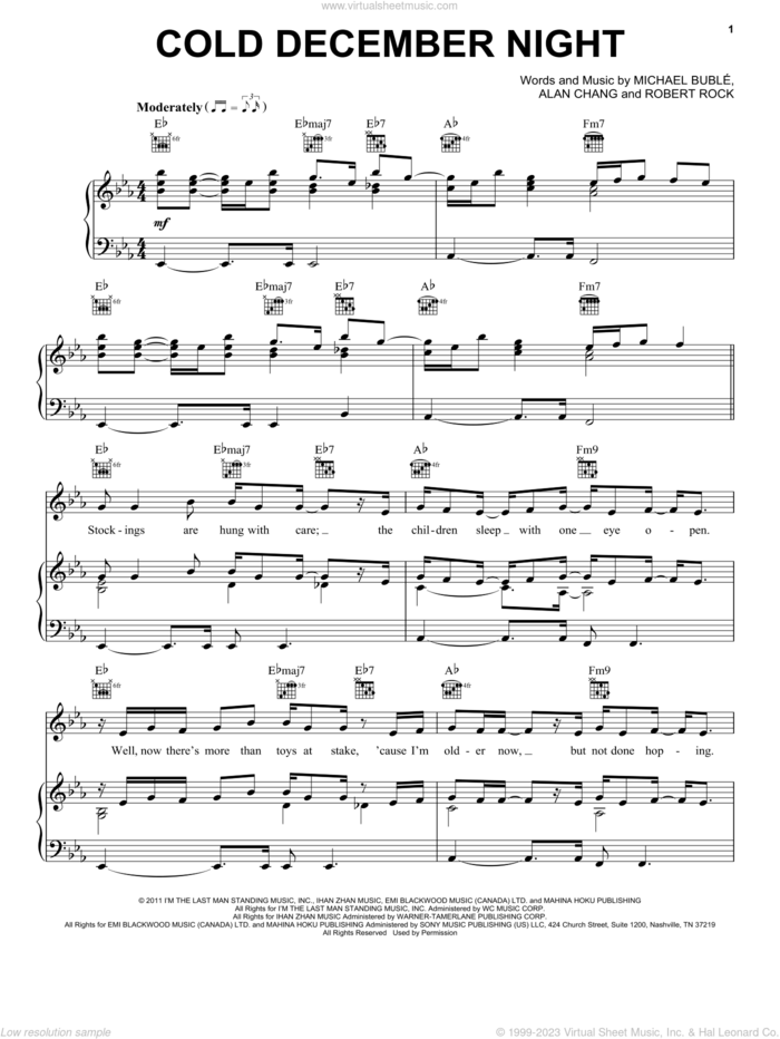 Cold December Night sheet music for voice and piano by Michael Buble, Alan Chang and Robert Rock, intermediate skill level