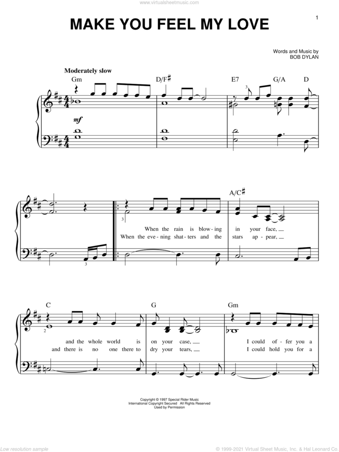 Make You Feel My Love sheet music for piano solo by Adele, easy skill level