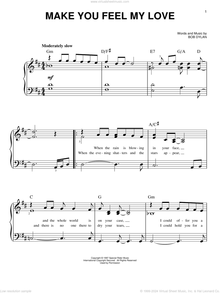 Make You Feel My Love sheet music for piano solo by Adele, easy skill level