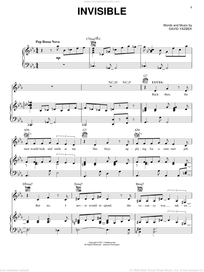 Invisible (from Women On The Verge Of A Nervous Breakdown ) sheet music for voice, piano or guitar by David Yazbek and Women On The Verge Of A Nervous Breakdown (Musical), intermediate skill level
