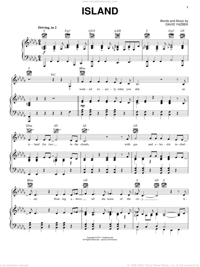 Island (from Women On The Verge Of A Nervous Breakdown) sheet music for voice, piano or guitar by David Yazbek and Women On The Verge Of A Nervous Breakdown (Musical), intermediate skill level