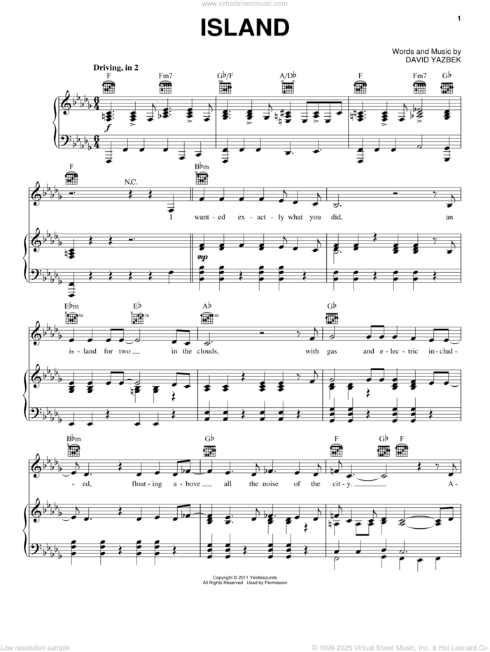 Island (from Women On The Verge Of A Nervous Breakdown) sheet music for voice, piano or guitar by David Yazbek and Women On The Verge Of A Nervous Breakdown (Musical), intermediate skill level