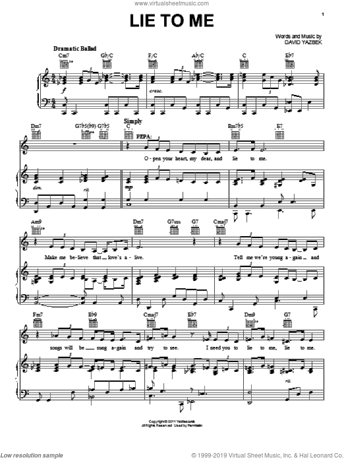 Lie To Me (from Women On The Verge Of A Nervous Breakdown) sheet music for voice, piano or guitar by David Yazbek and Women On The Verge Of A Nervous Breakdown (Musical), intermediate skill level
