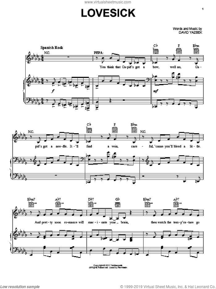 Lovesick (from Women On The Verge Of A Nervous Breakdown) sheet music for voice, piano or guitar by David Yazbek and Women On The Verge Of A Nervous Breakdown (Musical), intermediate skill level