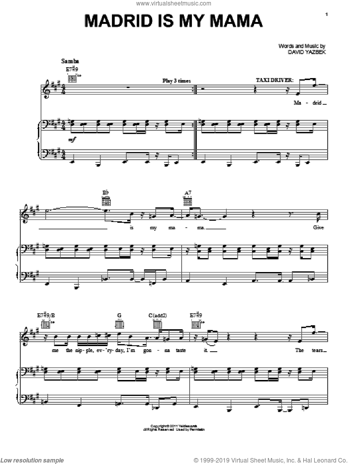 Madrid Is My Mama (from Women On The Verge Of A Nervous Breakdown) sheet music for voice, piano or guitar by David Yazbek and Women On The Verge Of A Nervous Breakdown (Musical), intermediate skill level