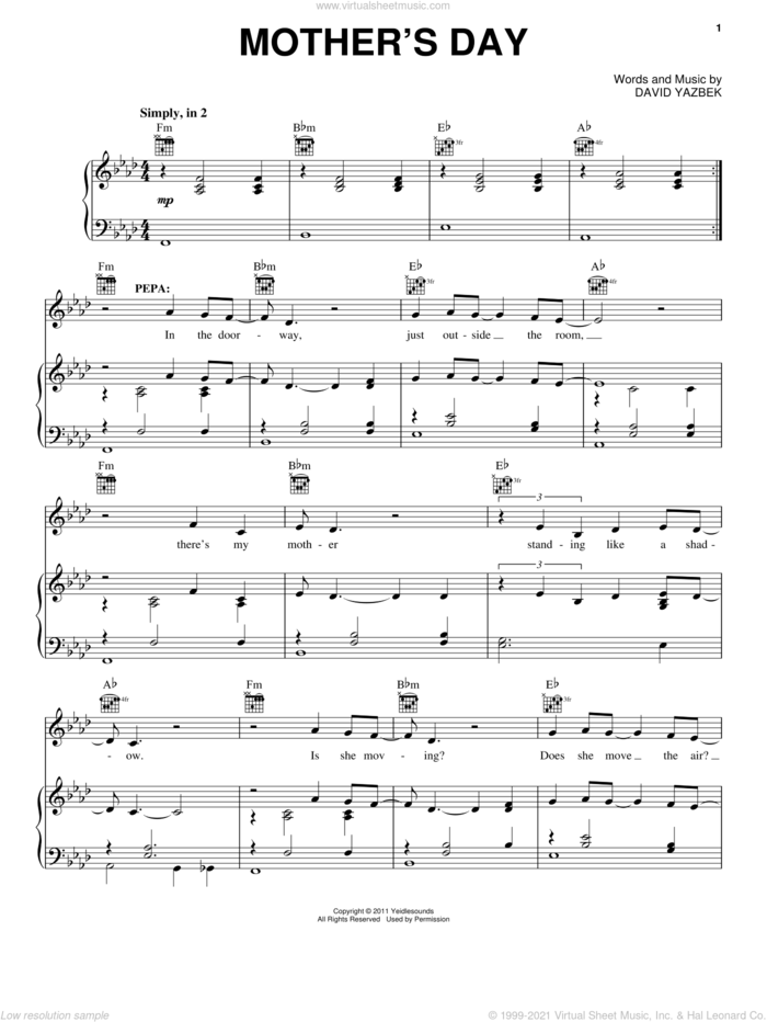 Mother's Day (from Women On The Verge Of A Nervous Breakdown) sheet music for voice, piano or guitar by David Yazbek and Women On The Verge Of A Nervous Breakdown (Musical), intermediate skill level