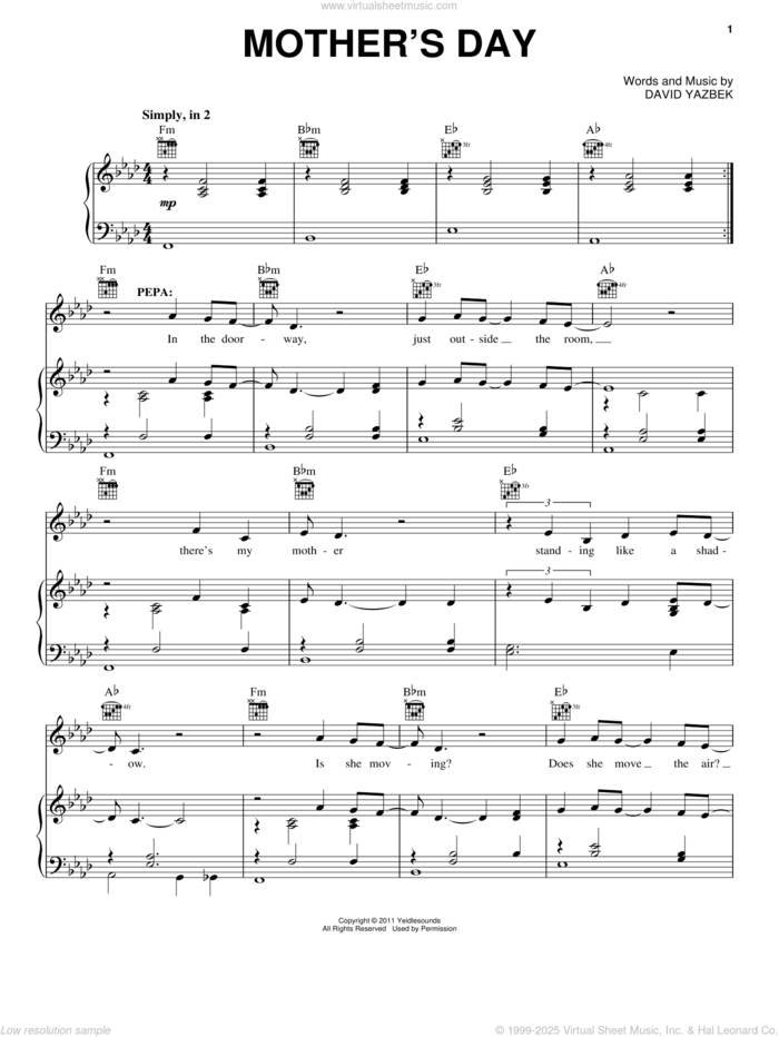 Mother's Day (from Women On The Verge Of A Nervous Breakdown) sheet music for voice, piano or guitar by David Yazbek and Women On The Verge Of A Nervous Breakdown (Musical), intermediate skill level