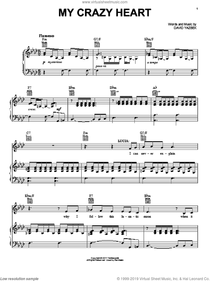 My Crazy Heart (from Women On The Verge Of A Nervous Breakdown) sheet music for voice, piano or guitar by David Yazbek and Women On The Verge Of A Nervous Breakdown (Musical), intermediate skill level
