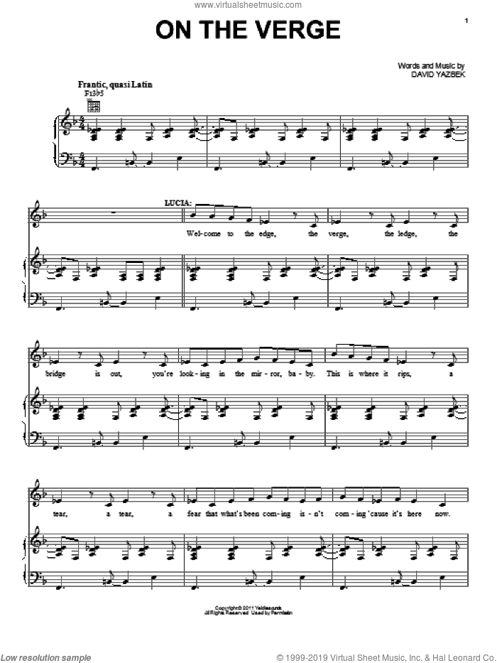 On The Verge (from Women On The Verge Of A Nervous Breakdown) sheet music for voice, piano or guitar by David Yazbek and Women On The Verge Of A Nervous Breakdown (Musical), intermediate skill level