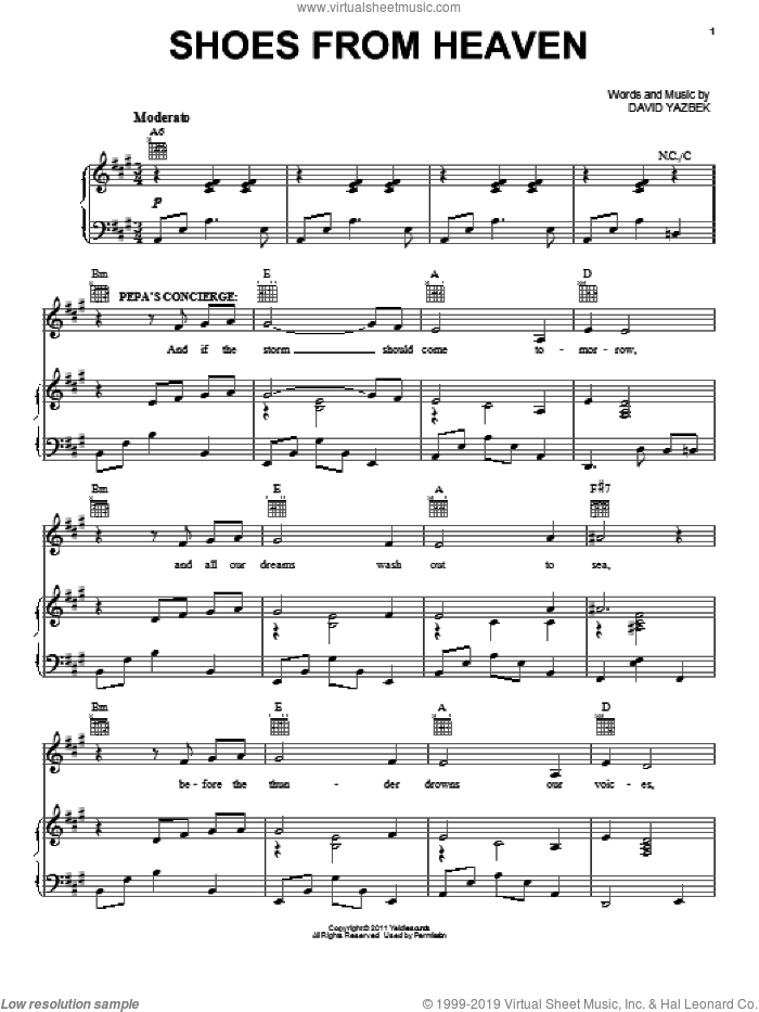 Shoes From Heaven (from Women On The Verge Of A Nervous Breakdown) sheet music for voice, piano or guitar by David Yazbek and Women On The Verge Of A Nervous Breakdown (Musical), intermediate skill level