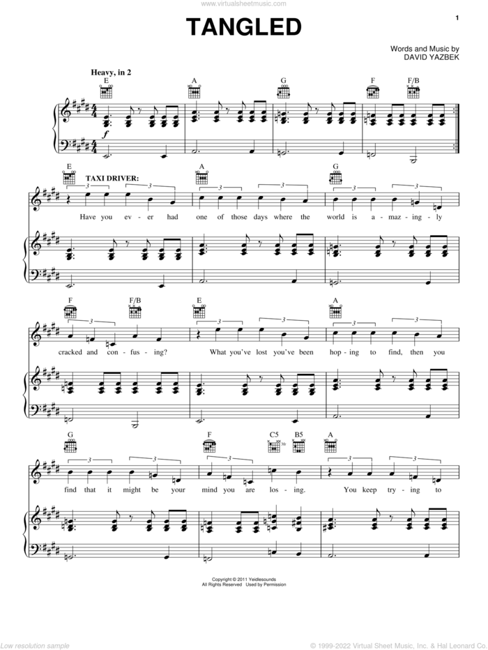 Tangled (from Women On The Verge Of A Nervous Breakdown) sheet music for voice, piano or guitar by David Yazbek and Women On The Verge Of A Nervous Breakdown (Musical), intermediate skill level