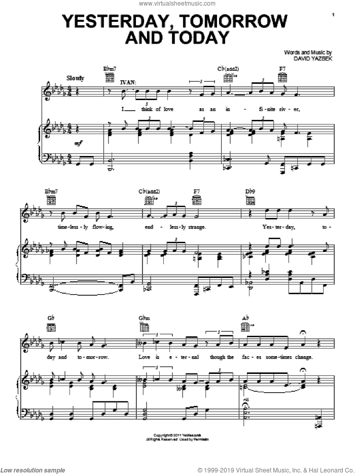 Yesterday, Tomorrow And Today (from Women On The Verge Of A Nervous Breakdown) sheet music for voice, piano or guitar by David Yazbek and Women On The Verge Of A Nervous Breakdown (Musical), intermediate skill level