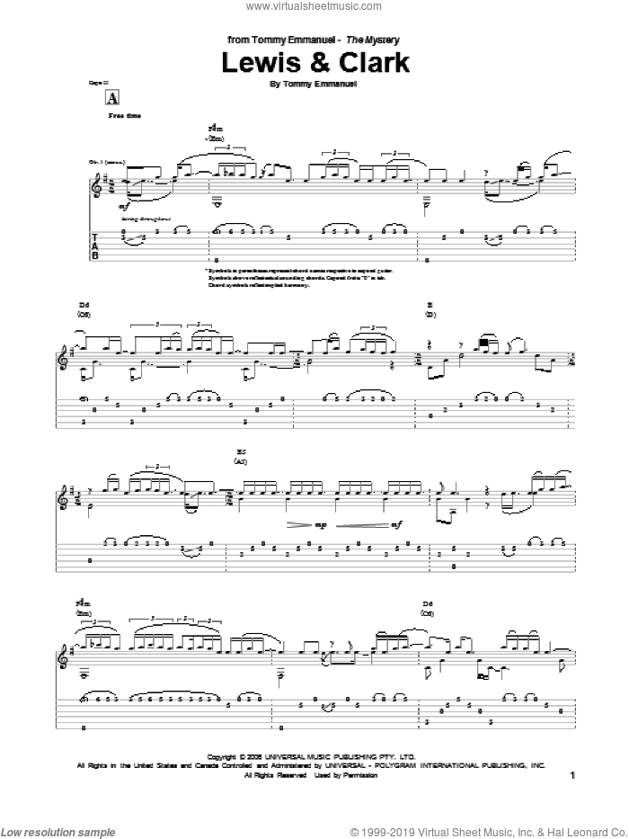 Lewis and Clark sheet music for guitar (tablature) by Tommy Emmanuel, intermediate skill level